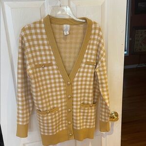 Joie Mustard and White Checked V-Neck Button Cardigan